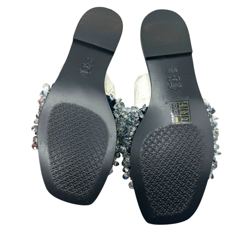 NEW Tory Burch Crystal Embellished Crystal Slide Sandals Navy Black Leather 6M